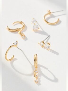 Anthropologie 14KT Gold Plated Thin Drop Earrings New Set of 3 CZ Hoop Drop